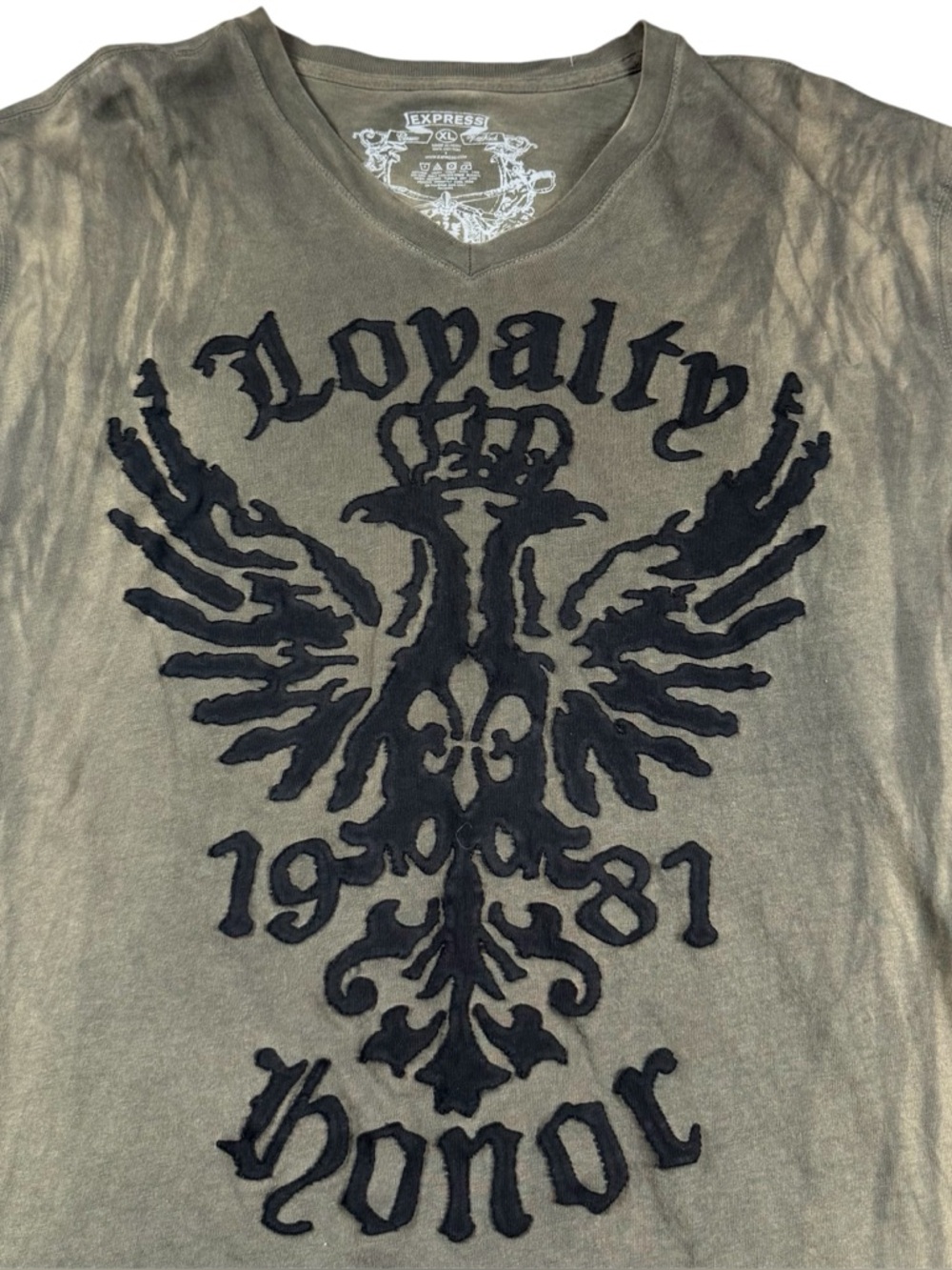 Vintage Y2k Express Loyalty Honor Grunge Olive Tie Dye V-neck T-shirt Mens XL